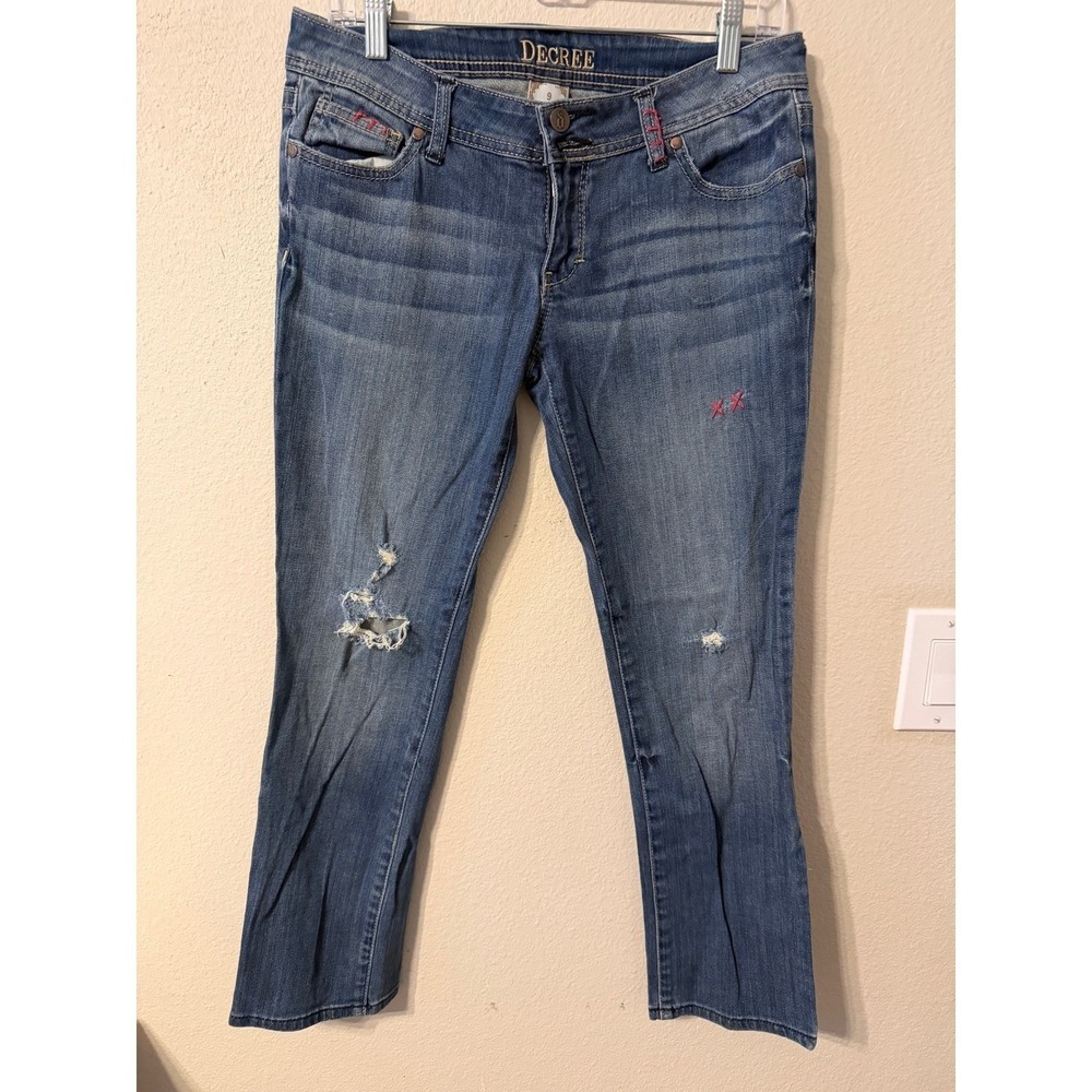 DECREE Womens Blue Denim Jeans Distressed Pink Stitch‎ Detail Size 9